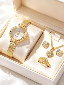 1pc/Set Women's Gold Tone Mesh Strap Quartz Watch, Rhinestone Embellished - Elegant Luxury Accessory, Ideal Gift For Birthday Or Graduation - Gold - View 14