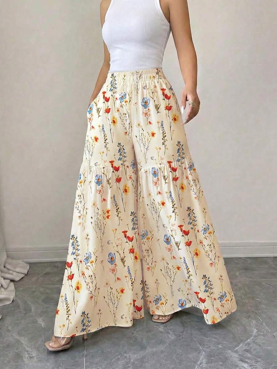 女士夏季波西米亚风印花阔腿裤，复古高腰弹力腰带多层飘逸阔腿裤，休闲沙滩度假波西米亚风长裤，优雅A字宽松大码哈伦裤，适合日常穿着，春季百搭 - 杏色 - 查看 1