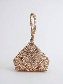 Mini Evening Bag With Rhinestone Decor, Asymmetrical Shape, Small Handbag For Party And Gathering, Lipstick Bag - Champagne - View 3