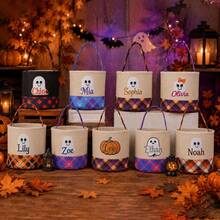 Personalized Halloween Candy Basket, Custom Trick Or Treat Tote Bag, Kids Pumpkin Bucket, Soft Rope Halloween Basket, Embroidered Name Gift - Multicolor - View 4