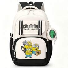 Miniso Sac à dos quotidien large en deux pièces style coréen Minion, bloc de couleurs noir et blanc, avec slogan CAUTION CONTENT CREATER, porte-monnaie rond avec motif fantôme vert, Pe - Couleur 1 - Voir 3