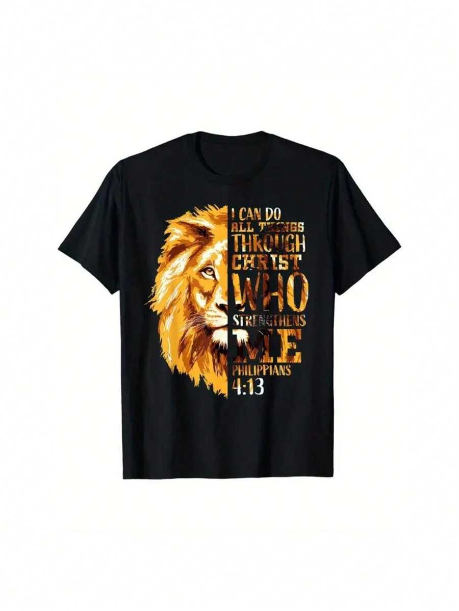 T-Shirt For Men Philippians 4:13 Inspirational Men's T-Shirt .Casual Crew Neck, Short Sleeve,.Machine Washable -Perfect For All Seasons Cotton Menswear Soft Top Birthday Breathable Christmas Fitt - Black - View 1