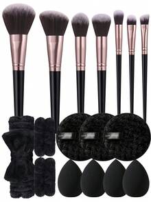 6/17pcs Black Makeup Brush & Accessory Set, Includes 7 Soft Face & Eye Brushes, Bow Headband, Wristband, Teardrop Makeup Sponge, Reusable Face Cotton Pads, Multi-Functional Reusable Makeup Tools, Suitable For Daily Makeup - Black - View 1