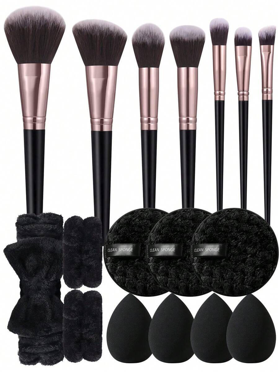 6/17pcs Black Makeup Brush & Accessory Set, Includes 7 Soft Face & Eye Brushes, Bow Headband, Wristband, Teardrop Makeup Sponge, Reusable Face Cotton Pads, Multi-Functional Reusable Makeup Tools, Suitable For Daily Makeup - Black - View 1