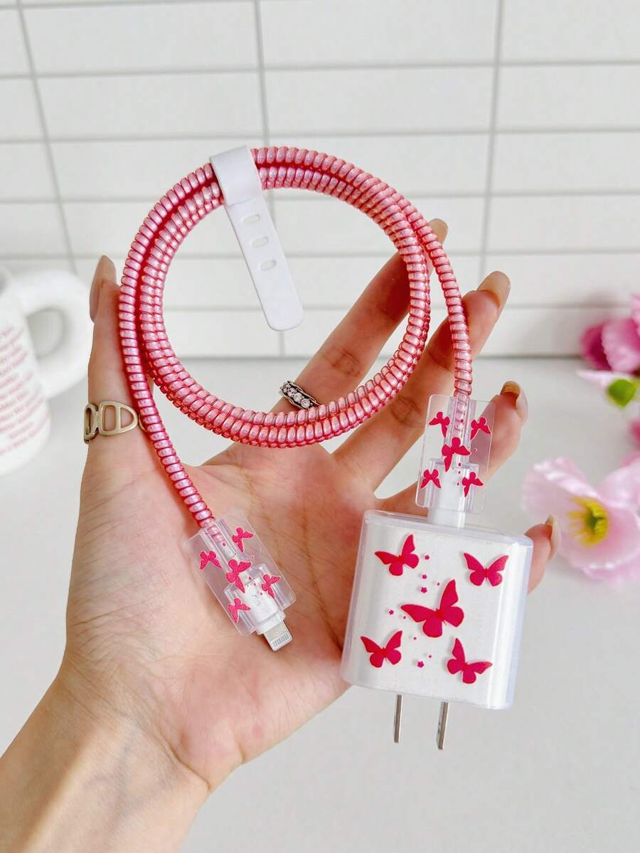 5pcs Red Butterfly Print Design Phone Charger Set 20W/18W, Charging Cable Protector, Charging Head Protective Case, Compatible With IPhone Charger 11 12 13 14 15 16 17 - Red - View 1
