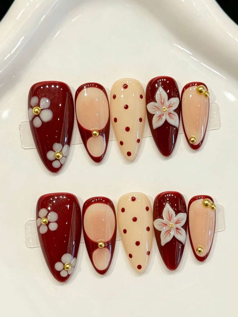 10PCS Almond Handmade Press On Nails For Party And Daily Wear, Red Nails,Wine Red Handmade Press On Nails With White Floral & Polka Dot, Gentle Retro Style.Easy To Wear ,Suitable For Girls And Women Festivals Parties And Daily Wear