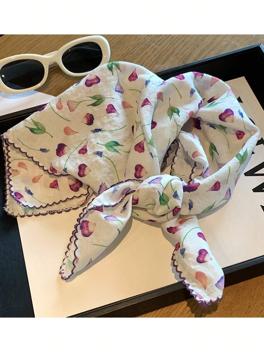 60cm 紫色碎花印花正方形絲巾，女款春/秋新款，高端透視領巾，百搭裝飾薄圍巾