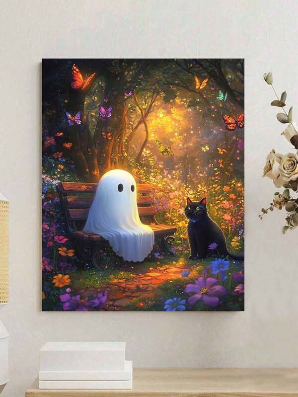 Halloween Ghost And Black Cat In Magic Forest DIY Digital Oil Painting Handmade Adult Home Decor Holiday Gift