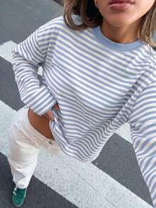 Blusa casual de mujer, bloque de color a rayas de punto para uso diario en primavera - Azul y blanco - Ver 4