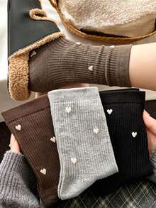 4 Pairs Women's Cute Heart Print Slouch Socks, Ribbed Knit Warm Mid-Calf Socks, Casual Daily Autumn/Winter Versatile Solid Color Socks - Multicolor - View 5
