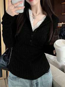 Autumn/Winter 2-In-1 Knit Base Layer Top For Women, Sweet & Spicy Style, Slim Fit Lace Inner Layer, Short Length - Black - View 2