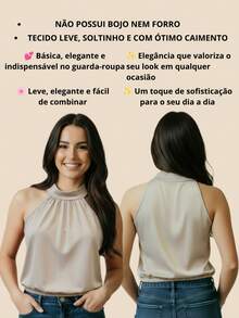 Blusa Feminina Gola Alta Halter Sem Mangas em Suplex Liso Elegante - Chocolate - Visão 4