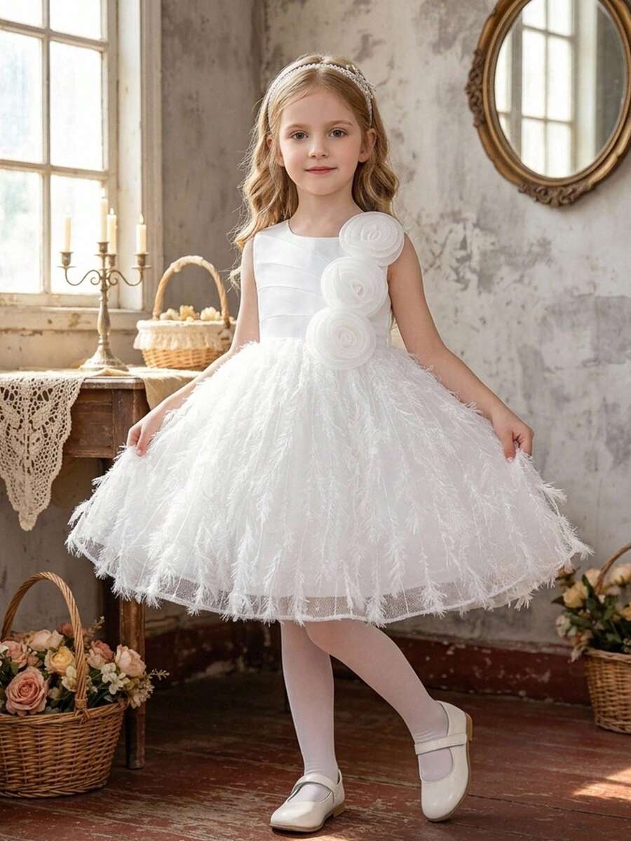 Young Girls' White Elegant Flowing Princess Dress, Suitable For Parties, Weddings, Birthdays, Formal Occasions, All Seasons - White - View 1