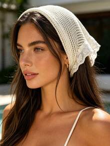 1 pieza Pañuelo triangular de mujer beige con encaje calado de punto, envoltura de cabeza de malla transpirable sin nudo, accesorio para el cabello de estilo pastoral francés exquisito y dulce, adecuado para peinado suave de media coleta diario y atuendo casual - Albaricoque - Ver 2