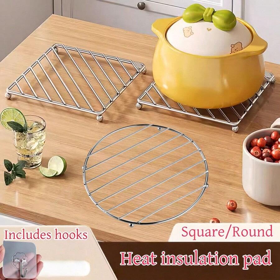 (Set) Stainless Steel Heat-Resistant Mat + Hook, Suitable For Hot Pot/Plates, Ideal For Modern Kitchens And Holidays (Back To School, Halloween, Etc.). Elegant Dining, Essential For Guests, Perfect Gift. Kitchen Necessity