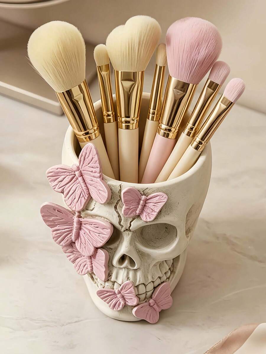 1pc Large Capacity Butterfly Skull Knot Shaped Storage Box, Suitable For Bathroom Makeup Brushes And Cosmetics. This Elegant Makeup Brush Storage Box Is Perfect For Girls, Students And Creative Home Decor. Also Suitable For Vacation, Beach, Bathroom, Bedroom And Other Places.