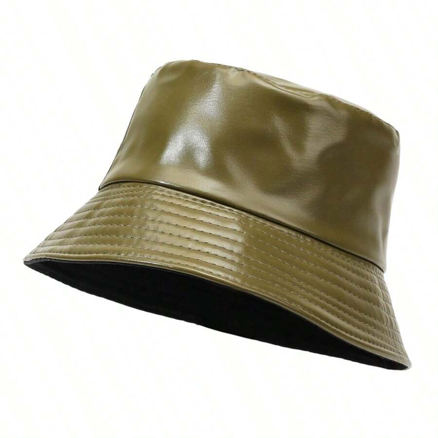 Women's PU Leather Bucket Hat, Spring/Autumn British Style Niche Vintage Fashion Versatile Leather Cap With Small Brim - Olive Green - View 1