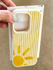 1pc Yellow Striped Sun Pattern Large Hole Leather Texture Pink Shockproof Phone Case, TPU Material, Suitable As Holiday Gift, Compatible With Apple 17/17Pro/17Promax/16/16Pro/16promax/15/15promax/15promax/14/14Pro/13/12/11 Unisex Phone Cover Protective Case - Beige - View 3