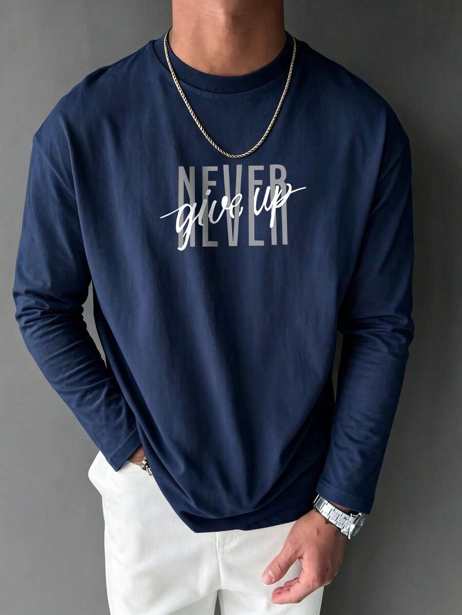 Kaos Lengan Panjang Longgar Pria dengan Tulisan Inspiratif "Jangan Pernah Menyerah" Warna Biru Tua, Kasual, Lapisan Dasar, Cocok untuk Musim Semi dan Gugur - Navy Blue - View 1