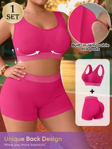 MEIYATING 1 Set Seamless Full Coverage Wire-Free Plus Size Bra, Comfortable Mid-Waist Seamless Hipster Panties, Safety Shorts, Yoga Shorts - Red - View 2