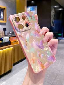 1pc Purple Pink Butterfly Camera Protection Phone Case UV Printed Compatible With Samsung/Galaxy/ Android Models - Pink - View 6