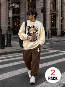 2pcs Set Suitable For Teenage Boys, Crew Neck Sweatshirt And Elastic Waist Pants Set, Printed With Cardboard Head XX Eyes "GOOD PERSON" Graffiti Style Cartoon Character Print Crew Neck Sweatshirt + Cuffed Sweatpants Set, Suitable For Autumn/Winter Daily Wear - Multicolor - View 11