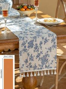 Vintage Landhausstil Tischläufer, saisonale Tischdekoration, Feiertagsparty, Geburtstag, Hochzeit, Esstisch, Couchtisch, Heimdekoration, blauer Rosenmuster rechteckiger Luxus Tischläufer mit Quasten - Mehrere Stile - Übersicht 10