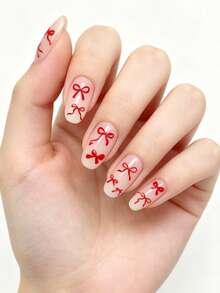 1PC Solid Red Long Tail Ribbon Bow Flat Nail Stickers, Simple Mixed Size Streamer Bow Pattern Waterproof Self-Adhesive Nail Decal Stickers For Valentine Party Nail Making - Multicolor - View 2