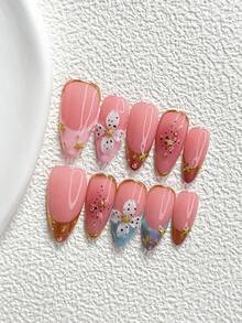 10Pcs Vintage Luxury Style Handmade Press On Nail,Polygel Nail Set,Trim French Tip,Pink And Orange Nail Polish,French Girly Aesthetic Style,Includes Nail Tools,3 Sizes Available,Almond Nails,Duck Nails,Coffin Nails For Party,Dance,Daily Wear. - 彩色 - 查看 20
