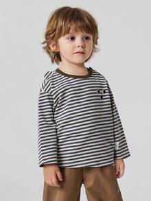 mini bala Kids Cotton Striped Brushed Soft Long Sleeve T-Shirt Cute Style Comfy Base Top 2026 Autumn New Arrival - White and Blue - View 3