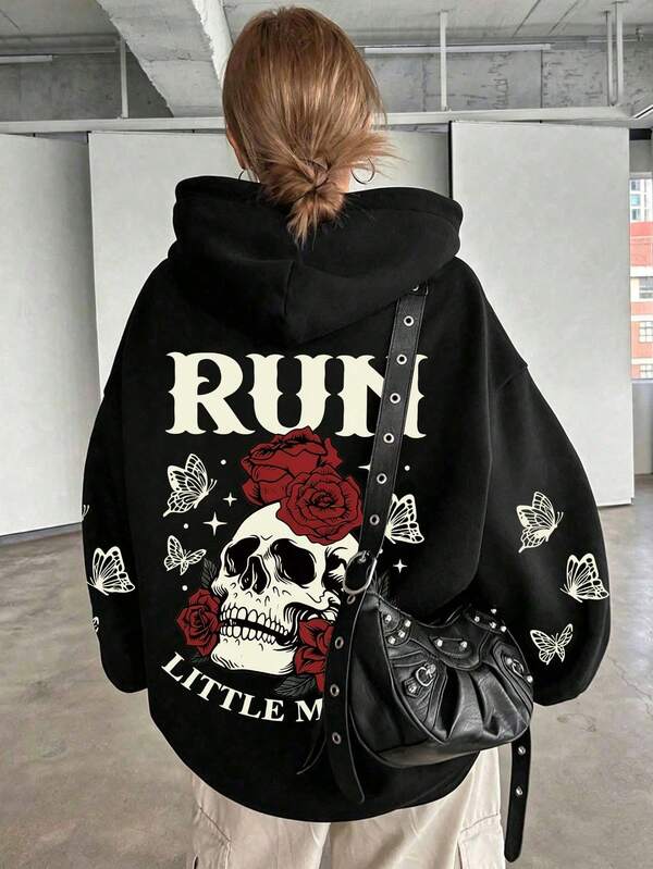 Sudadera con capucha fina para mujer talla grande, estampado de calavera y rosa, estilo romántico oscuro para amantes de los libros, casual con bolsillos, color negro
