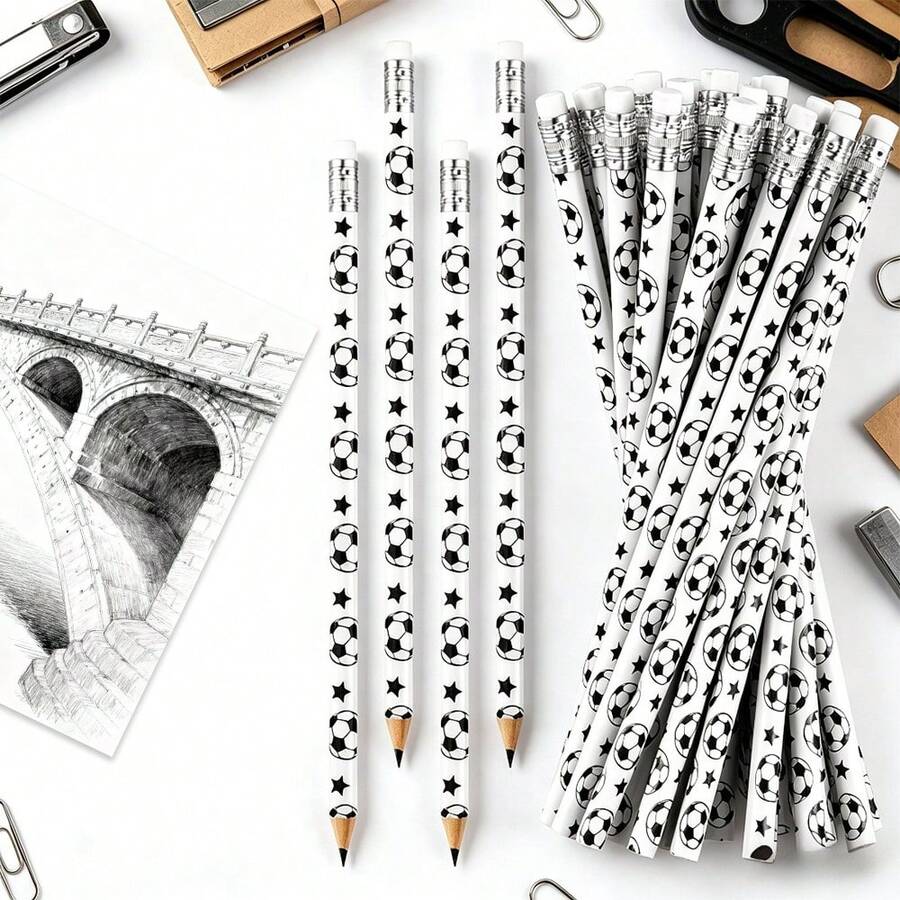 Football Pattern Wooden Pencil With Eraser, Smooth Graphite Writing Pencil, Suitable For Daily Notes, Drawing Stationery - C - View 1