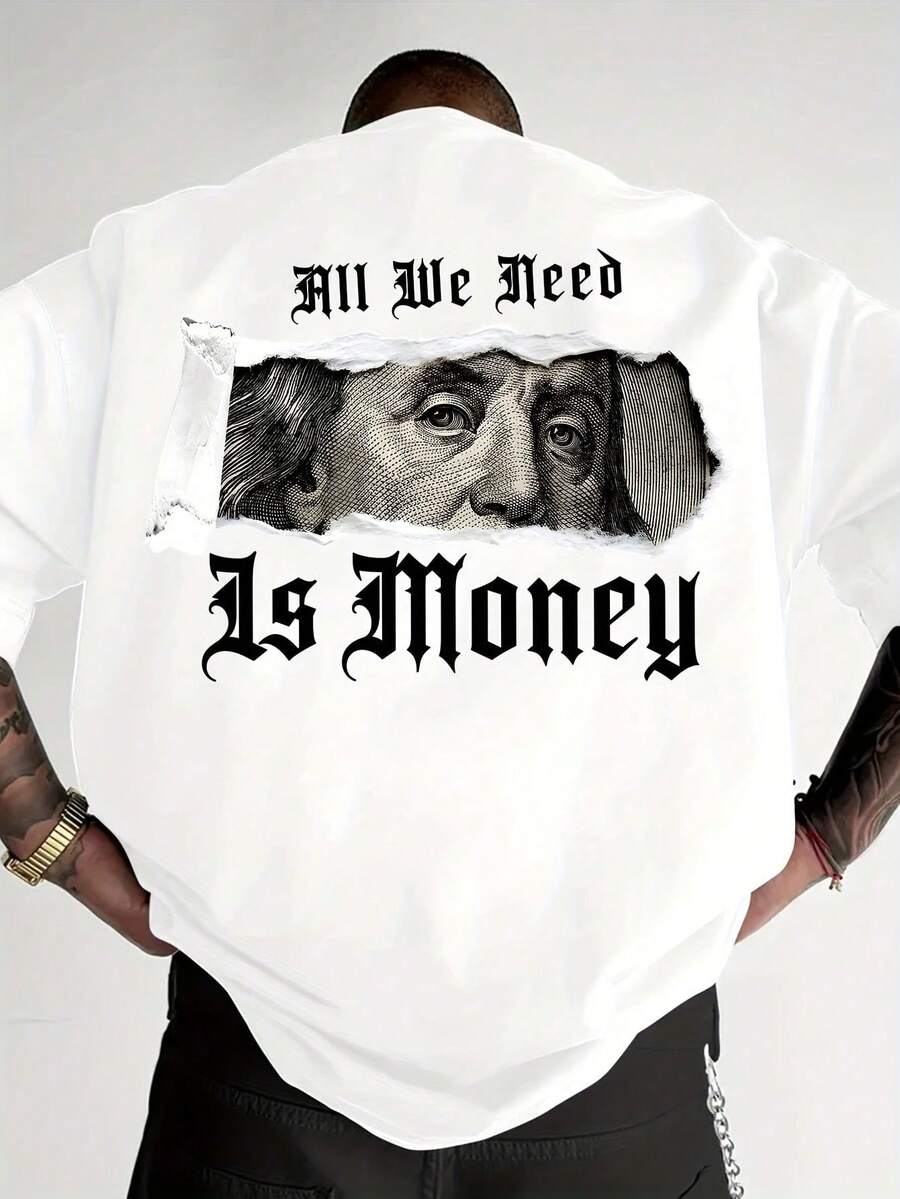 Herren-T-Shirt im High-Street-Stil mit amerikanischem Porträtdruck, gotischer Schrift und lockerer Passform aus reiner Baumwolle. - Weiss - Übersicht 1