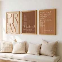 3pcs Frameless Terracotta Christian Bible Verse Canvas Posters, Minimalist Pray/Psalm 46:5/Proverbs 31:25 Wall Art Prints, Aesthetic Religious Room Decor, Holiday Decoration Gift - Brown - View 3