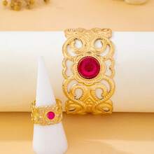 1 Set/2pcs Perhiasan Wanita Set Gelang dan Cincin Asimetris Geometris Terbuka yang Dapat Diatur, Desain Modis dan Berlebihan, Terbuat dari Logam Berongga dengan Batu Permata Imitasi dan Desain Geometris. - Hitam - View 4
