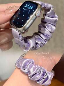 1pc Purple Satin Rhinestone Elastic Hair Tie Watch Band Compatible With Apple Watch Series 11/10/9/8/7/6/5/4/3/2/4/1/Ultra/SE/38/40/41/42/44/45/46/49mm, Women's Shiny Decorative Wristband, Smart Watch Band Accessory Summer Hair Tie Strap, Affordable Wristband - Smoke Purple - View 2