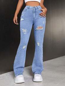Y2K Light Blue Washed Multi-Layer Ripped Distressed High Waist Stretch Floor-Length Flare Jeans For Women, Frayed Hem Distressed Butt-Lifting Casual - Light Fried Blue - View 3