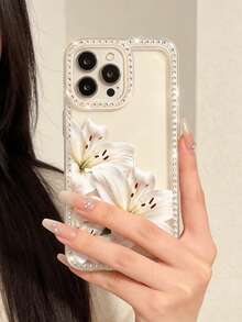 A White, Rhinestone-Studded, Clear Phone Case With A White Lily Pattern, Compatible With IPhone 17 Pro, 16e, 16 Pro, 15, 14, 13, 12, And 11 Models. A Summer Essential, Suitable For Everyday Use. Elegant Design, Unisex, And A Perfect Gift For Your Girlfriend During Christmas, Valentine's Day, Easter, Wedding Season, And Birthdays! - Clear - View 2