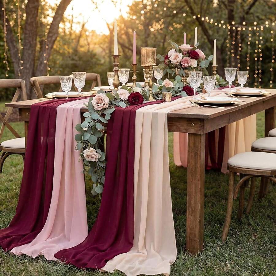 3PCS Red Chiffon Fabric Tablecloth Bohemian Transparent Satin Tablecloth Suitable For Autumn Thanksgiving Family Party Wedding Arch Background Baby/Bride Gift Birthday Party Restaurant Table Outdoor Party Festival Decoration - Burgundy - View 1