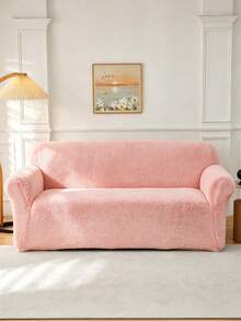 1PC Lambswool Fabric Pet-Proof Anti-Dust Sofa Cover, Embossed Plush Jacquard With Simple Large Leaf Design, Multi-Color Rich Palette, Thickened Autumn/Winter Style, Suitable For 1/2/3/4-Seater Sofas - Pink - View 5