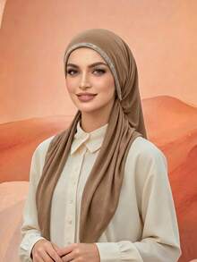 1PC/2PCS Women's Triangle Solid Color Rhinestone Headscarf, Non-Slip Islamic Solid Color Casual Under Cap, Simple Versatile, Soft Comfortable Skin-Friendly, Suitable For Daily Wear, Suitable For All Seasons - 1PC-light Brown Color - View 2