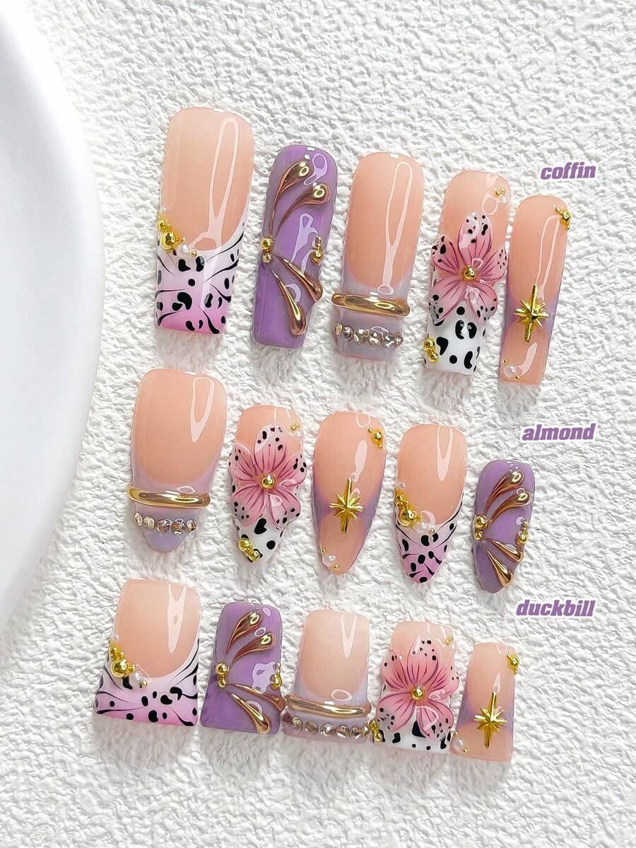 10Pcs Vintage Girly Aesthetic Style Handmade Press On Nail,Polygel Nail Set,Black Leopard Spots, Pink And Purple Nail Polish,Y2K Sweet Punk Style,Includes Nail Tools,3 Sizes Available,Almond Nails,Duck Nails,Coffin Nails For Party,Dance,Daily Wear. - 彩色 - 查看 1