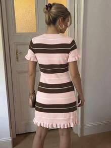 Gaun Rajut Tank Top Wanita Kasual Musim Panas Elegan Leher Bulat Lengan Pendek dengan Hiasan Ruffle dan Motif Garis-garis Patchwork Warna Pink - Berwarna merah muda - View 6