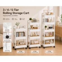 3/ 4/ 5-Tier Rolling Storage Cart With Black Wheels, Slim Mobile Utility Organizer Cart, Space Saving Storage Rack With Handle, Lockable 360° Casters For Bathroom, Kitchen, Laundry Room, Office, Living Room - White - View 7