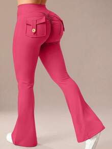 6pecil Rosarote Yoga-Hose mit hoher Taille und ausgestelltem Bein, mit Taschen, gerafftem Po-Lift-Effekt, Peach-Butt-Flare, V-förmiger Bauchkontrolle, Hot Pink Bootcut Leggings für Sport - Rosenrot - Übersicht 13