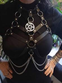1件女款哥德風黑色龐克幾何流蘇鏈條性感胸衣式束縛帶，適合萬聖節嘉年華派對裝飾 - 黑色 - 查看 6