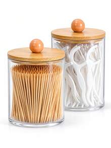 1/2/4 Packs Clear Bathroom Storage Jars With Bamboo Lids, PS Plastic Cotton Swab Holder For Dental Floss Picks, Toothpicks, Cotton Balls, Makeup Pads, Vanity Countertop Organizer - Multicolor - View 8