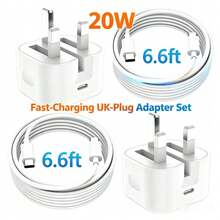 快速充電套組 USB C 壁式充電器 + 6.6英尺/200公分 USB C 轉 Type C 傳輸線，相容 iPhone 16 Pro Max/16 Pro/16 Plus/16/15 Pro Max/15 Pro/15 Plus/15 / Type-C 接口，英國插頭充電適配器套組 - 白色 - 查看 1