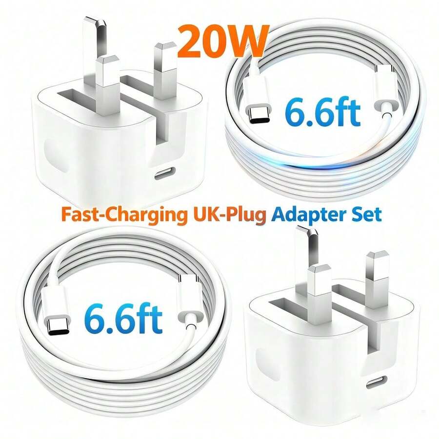 快速充電套組 USB C 壁式充電器 + 6.6英尺/200公分 USB C 轉 Type C 傳輸線,相容 iPhone 16 Pro Max/16 Pro/16 Plus/16/15 Pro Max/15 Pro/15 Plus/15 / Type-C 接口,英國插頭充電適配器套組 - 白色 - 查看 1
