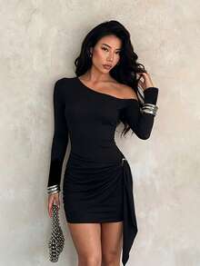 Fall Dresses,Sexy Single-Shoulder Long-Sleeved Short Skirts,Black Dresses,Suitable For Birthdays,Cocktail Parties,Dates,Elegant Ladies' Dresses,Hoco - Black - View 3